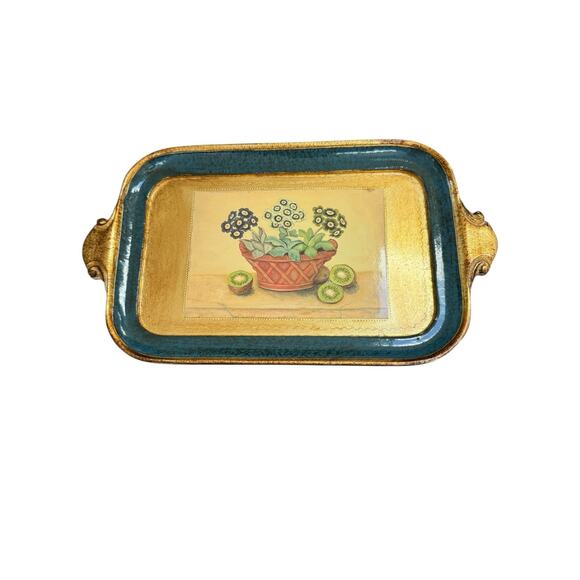 Vietri‎ Made In Italy Wood Lacquer Gold Botanical Florentine Tray - Picture 1 of 10
